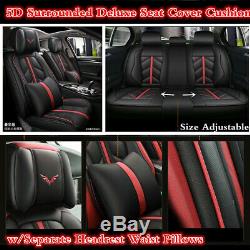 5D Surrounded Black PU Leather Car Seat Covers Cushion withHeadrest Waist Pillows