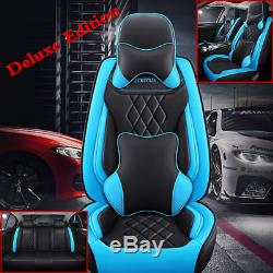 Black/Blue Deluxe Edition Car Seat Covers Cushions With Pillows 5D PU Leather