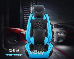 Black/Blue Deluxe Edition Car Seat Covers Cushions With Pillows 5D PU Leather