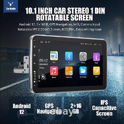 Car Stereo Single 1 DIN Rotatable 10.1'' Android 12 Touch Screen Radio GPS WiFi