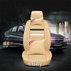 Deluxe Beige PU leather Car Seat Cover Full Front+Rear Cushion 5-Seats WithPillows