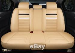 Deluxe Beige PU leather Car Seat Cover Full Front+Rear Cushion 5-Seats WithPillows