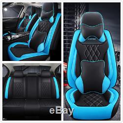 Deluxe Edition Black/Blue Leather Car Full Set Seat Cover Cushions Accessories