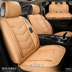 New Beige Luxury PU Leather Mat Four Seasons Full Car Seat Cover Cushion Pad Set