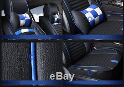 Plaid Black+blue PU Leather Seat Cover 5-Seats Cushion WithNeck Lumbar Pillows