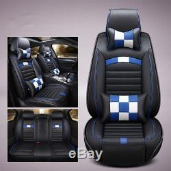 Plaid Black+blue PU Leather Seat Cover 5-Seats Cushion WithNeck Lumbar Pillows