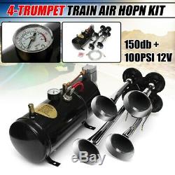 Universal 4 Trumpet 150DB Train Air Horn Kit with 100 PSI Air Compressor Car Truck